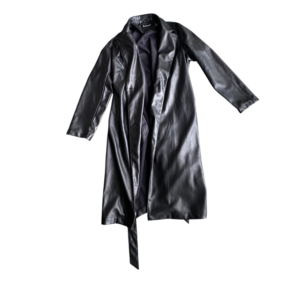 Fahsyee Black Faux Leather Long Trench Coat Belted Duster Jacket Womens Large